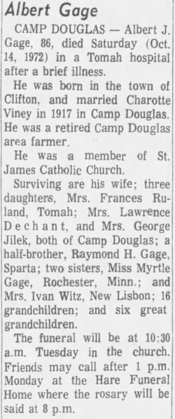 Obituary for Albert J. Gage (Aged 86)